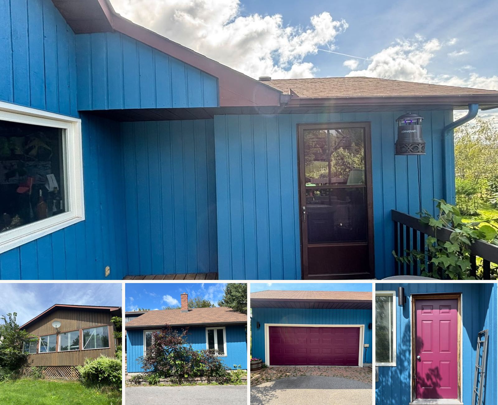 Before and after exterior repaint: weathered brown wood siding transformed to blue with magenta doors and garage