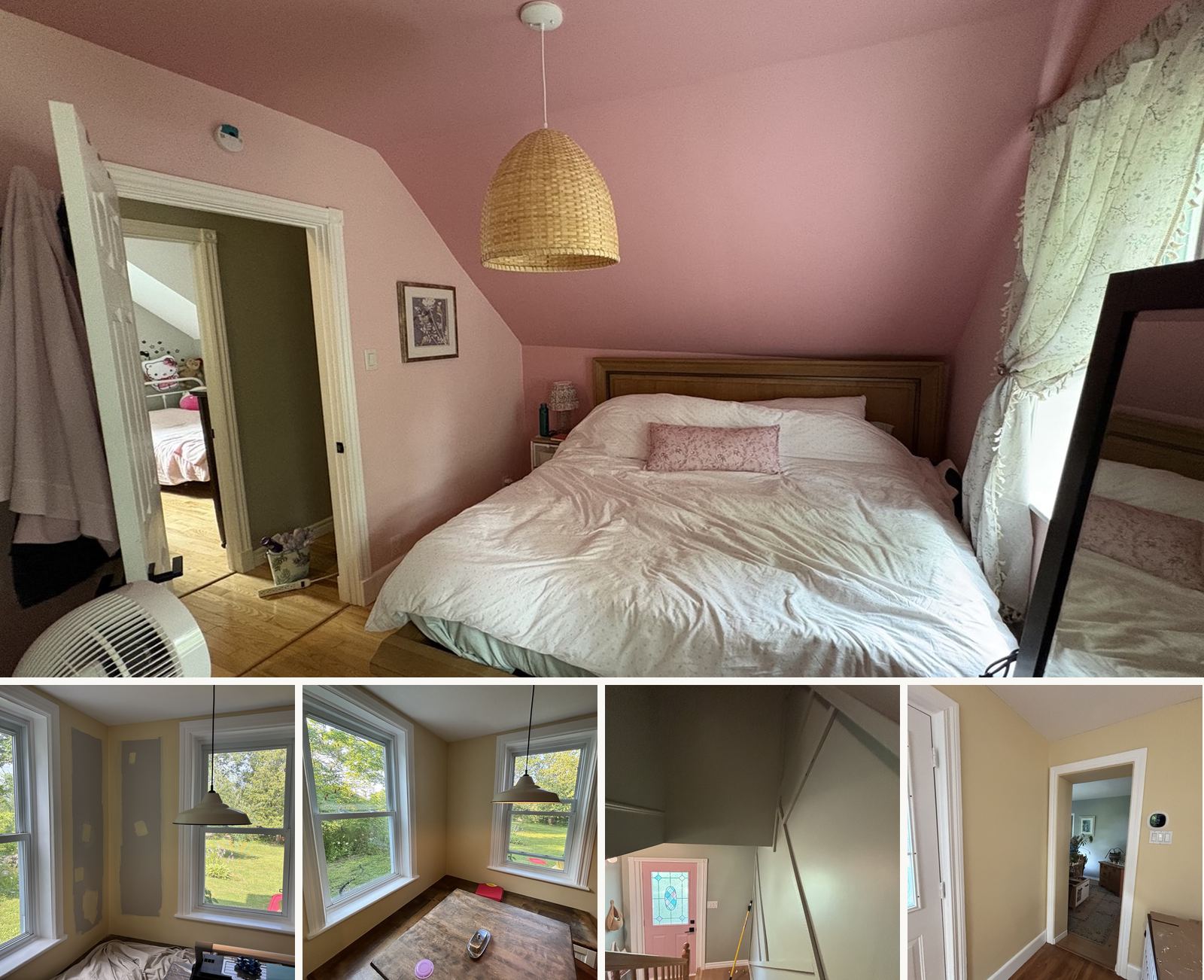 Before and after interior repaint: finished pink bedroom, kitchen nook repainted from bare primer, sage green staircase, and yellow hallway